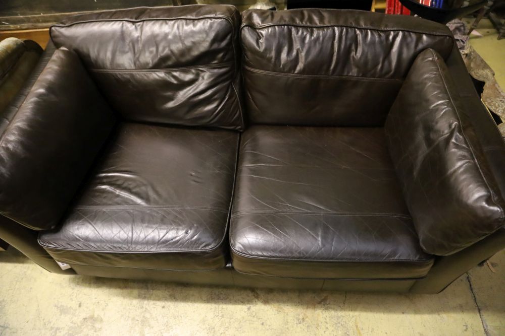 A modern brown leather two seat sofa, width 190cm depth 100cm